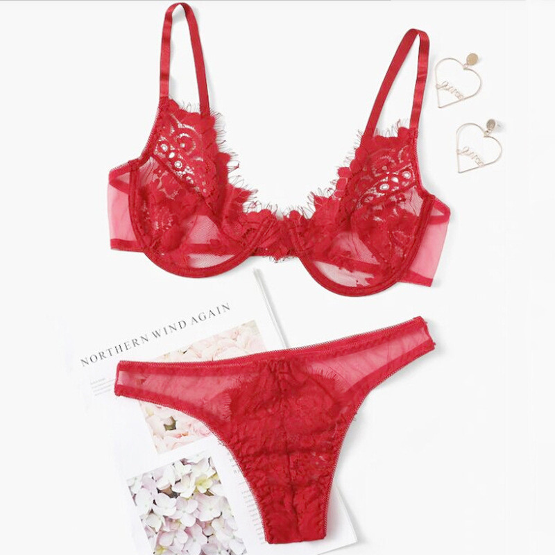 2 bucăți/set Lenjerie de corp sexy din dantelă Set sutien subțire pentru dama Set de chiloți scobiți Temptation Lenjerie erotică Costum Chiloți de damă Slip