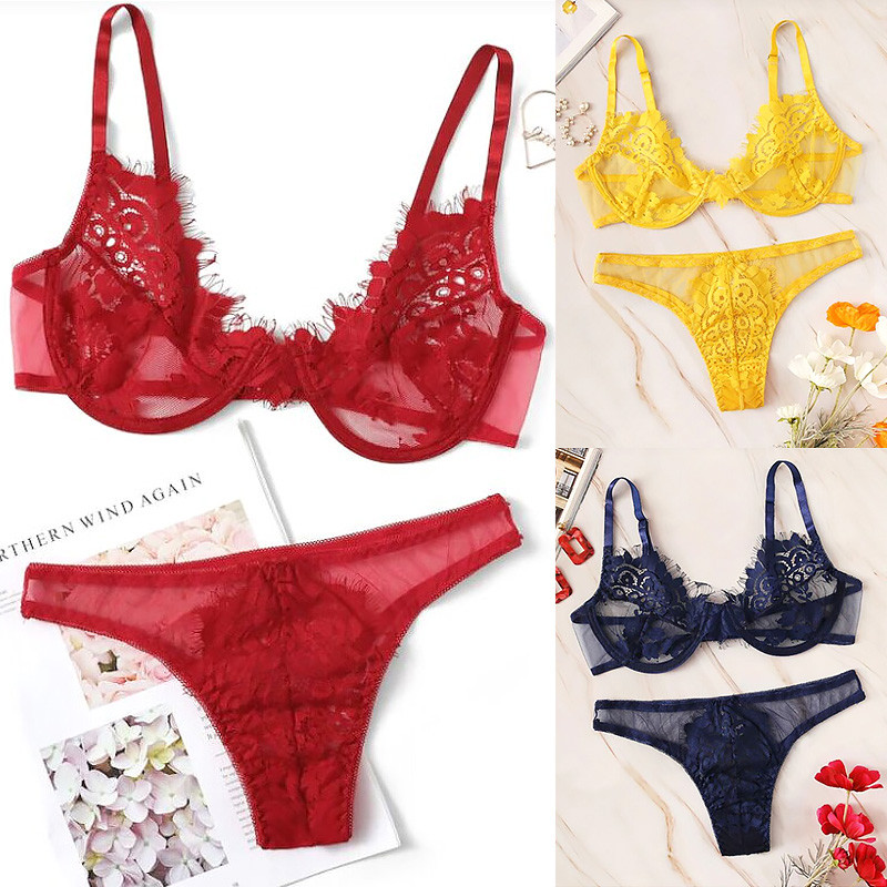 2 bucăți/set Lenjerie de corp sexy din dantelă Set sutien subțire pentru dama Set de chiloți scobiți Temptation Lenjerie erotică Costum Chiloți de damă Slip
