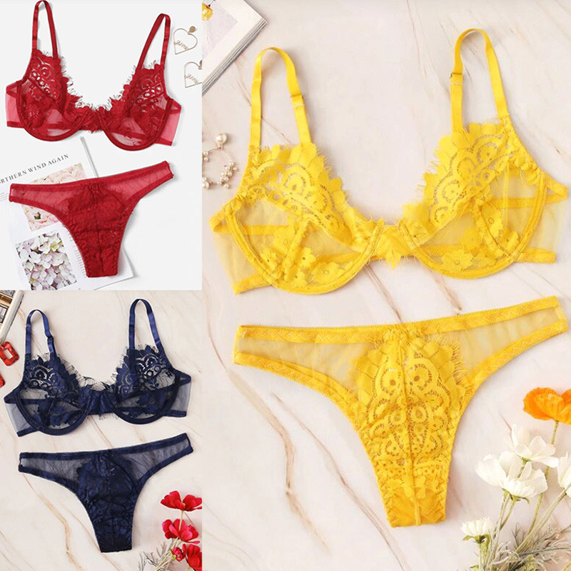 2 bucăți/set Lenjerie de corp sexy din dantelă Set sutien subțire pentru dama Set de chiloți scobiți Temptation Lenjerie erotică Costum Chiloți de damă Slip