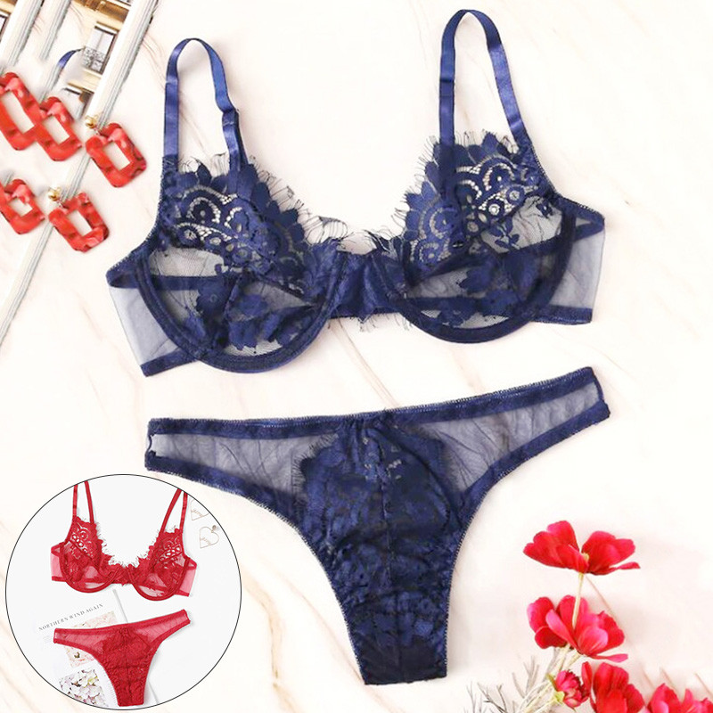 2 bucăți/set Lenjerie de corp sexy din dantelă Set sutien subțire pentru dama Set de chiloți scobiți Temptation Lenjerie erotică Costum Chiloți de damă Slip