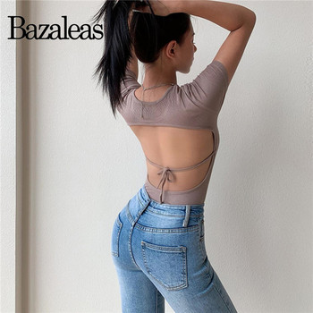 Bazaleas Fashion Playsuit Female Romper гащеризон за жени Elegant Backless Bandage Tie Тънко боди Основен дамски комбинезон