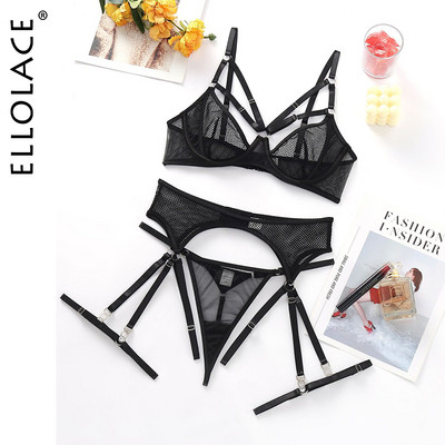 Ellolace Lace Erotic εσώρουχα Αισθησιακά εσώρουχα 3 τεμαχίων από διχτυωτό σλιπ Σετ καλτσοδέτες Διαφανές κιτ σουτιέν Push Up Exotic Intimate