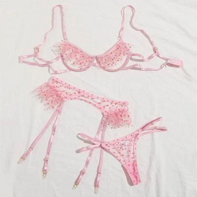 Σετ 3 τεμαχίων δαντέλα κούφιο σέξι σουτιέν και εσώρουχα Bright stars Κοστούμι εσώρουχα για κορίτσια με αντίθεση Sequin Mesh Garters Σετ εσωρούχων