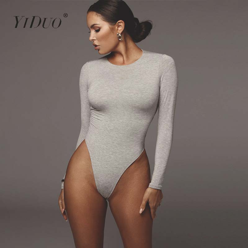 Body sexy din bumbac YiDuo, cu mânecă lungă, pentru femei, primăvară 2020, cu decolteu în formă de O, costum de corp solid la modă, salopete casual, salopete