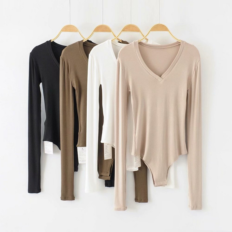 Body sexy cu mâneci lungi în 5 culori, tricot, tricotat, slăbit, solidă, salopetă cu decolteu în V adânc, salopetă de toamnă elegantă.