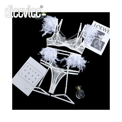 Diccvicc naise rinnahoidja aluspesu 3 tükki erootiline seksikas pits tikandid sulgedega Sensuaalne pesu sukapaelad Stringi ülikond eksootilised rõivad