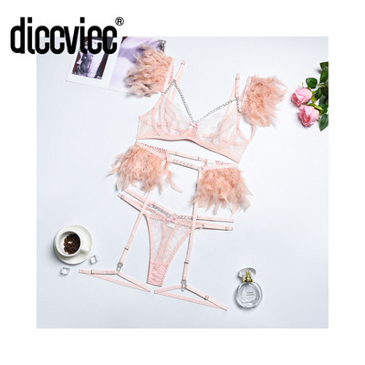 Diccvicc naise rinnahoidja aluspesu 3 tükki erootiline seksikas pits tikandid sulgedega Sensuaalne pesu sukapaelad Stringi ülikond eksootilised rõivad