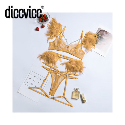 Diccvicc naise rinnahoidja aluspesu 3 tükki erootiline seksikas pits tikandid sulgedega Sensuaalne pesu sukapaelad Stringi ülikond eksootilised rõivad