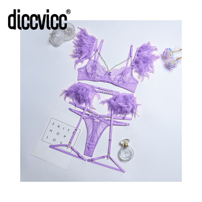 Diccvicc naise rinnahoidja aluspesu 3 tükki erootiline seksikas pits tikandid sulgedega Sensuaalne pesu sukapaelad Stringi ülikond eksootilised rõivad