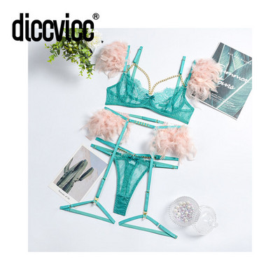 Diccvicc naise rinnahoidja aluspesu 3 tükki erootiline seksikas pits tikandid sulgedega Sensuaalne pesu sukapaelad Stringi ülikond eksootilised rõivad