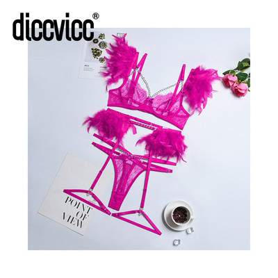 Diccvicc naise rinnahoidja aluspesu 3 tükki erootiline seksikas pits tikandid sulgedega Sensuaalne pesu sukapaelad Stringi ülikond eksootilised rõivad