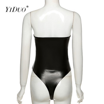YiDuo Секси черни PU кожени бодита без презрамки Дамски слаби 2021 Fashion Club Party Bandage Bodysuit Bodycon Гащеризон