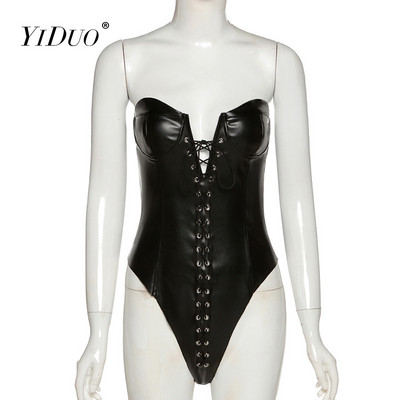 YiDuo Σέξι Μαύρο PU Δερμάτινο Στράπλες Φορμάκια Γυναικείες Skinny 2021 Fashion Club Party Bandage Κορμάκι Bodycon Jumpsuit