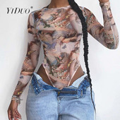 YiDuo 2020 Body cu mânecă lungă cu imprimeu epocă, toamnă, cu gâtul O, ținute de streetwear pentru femei, salopete de corp, body de club pentru femei