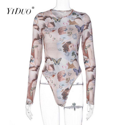 YiDuo 2020 Body cu mânecă lungă cu imprimeu epocă, toamnă, cu gâtul O, ținute de streetwear pentru femei, salopete de corp, body de club pentru femei