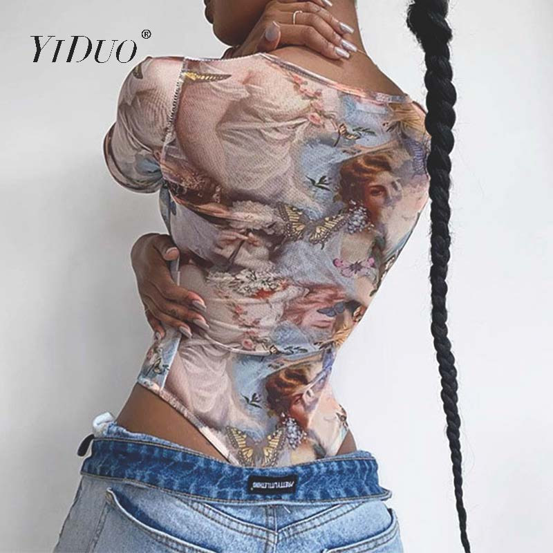 YiDuo 2020 Body cu mânecă lungă cu imprimeu epocă, toamnă, cu gâtul O, ținute de streetwear pentru femei, salopete de corp, body de club pentru femei