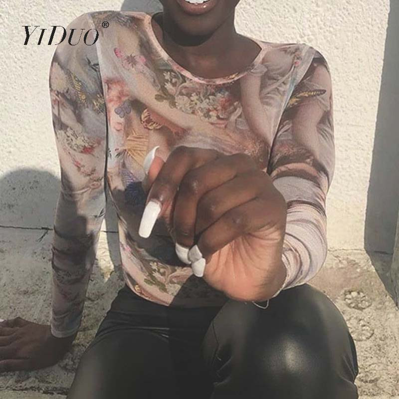 YiDuo 2020 Body cu mânecă lungă cu imprimeu epocă, toamnă, cu gâtul O, ținute de streetwear pentru femei, salopete de corp, body de club pentru femei