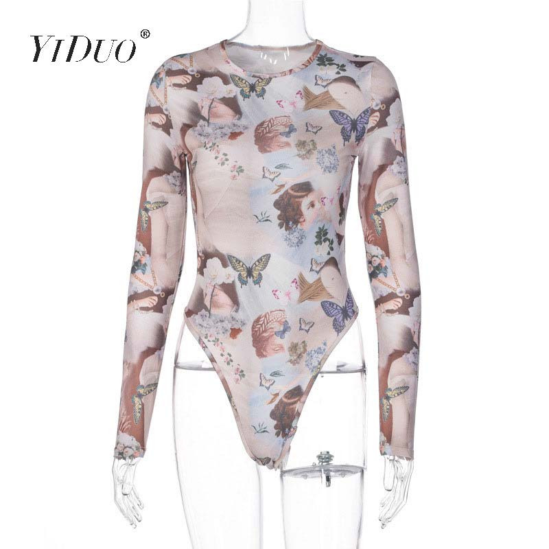 YiDuo 2020 Body cu mânecă lungă cu imprimeu epocă, toamnă, cu gâtul O, ținute de streetwear pentru femei, salopete de corp, body de club pentru femei