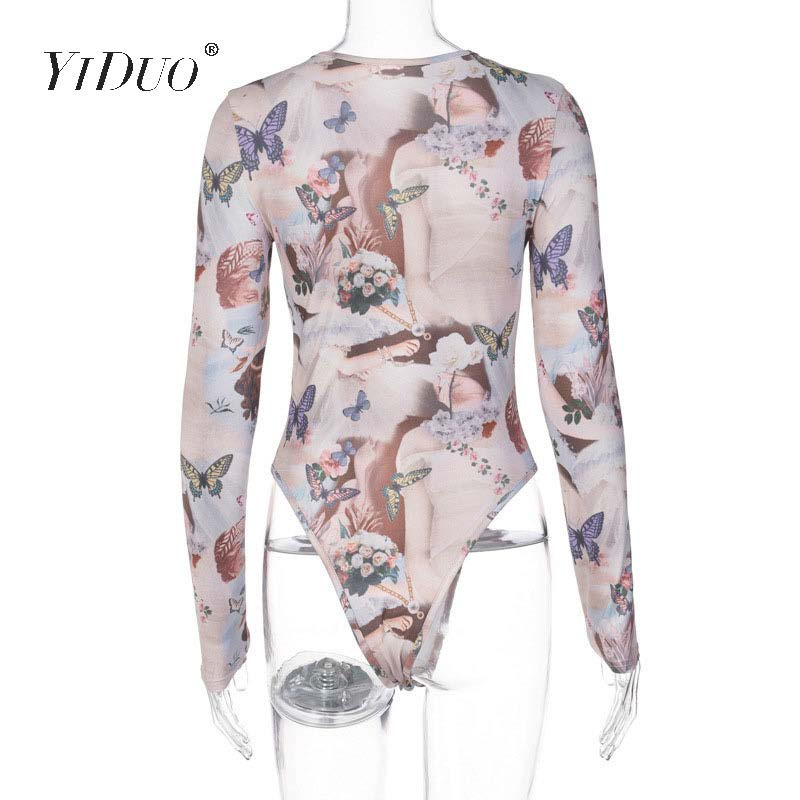 YiDuo 2020 Body cu mânecă lungă cu imprimeu epocă, toamnă, cu gâtul O, ținute de streetwear pentru femei, salopete de corp, body de club pentru femei