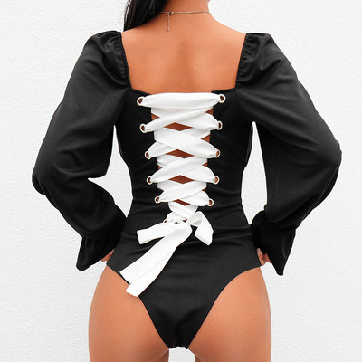 Hlače Ženski jednobojni kombinezon Hot Style Kreativni novi remen za leđa Bubble-Bubble Sleeve Court Wind Bodi Ženski Vestidos