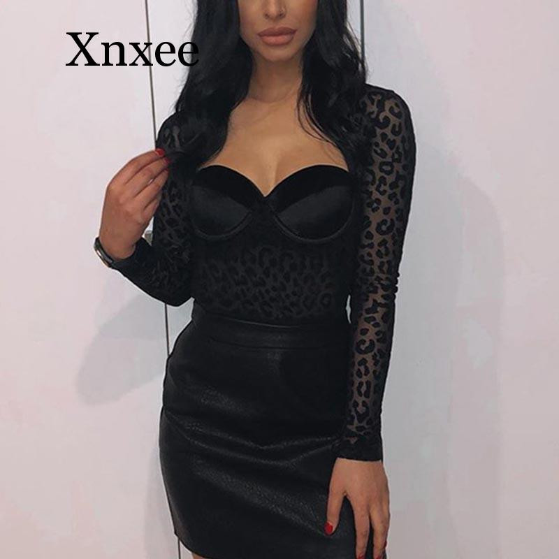 Διχτυωτό Leopard Διχτυωτό κορμάκι Μαύρο Σέξι Φορμάκι Γυναικείο Φορμάκι με μακρυμάνικο τετράγωνο γιακά Γυναικείο κορμάκι με δαντέλα με στάμπα λεοπάρ