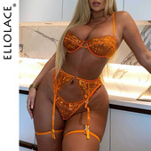 Ellolace Dantela Broderie Lenjerie Sexy Transparenta Lenjerie erotica 3 piese Sutien portocaliu din plasă Seturi de îngrijire a pielii scurte Set Bilizna