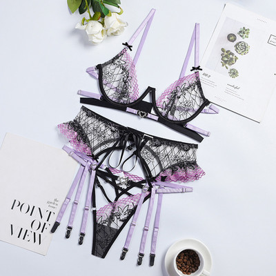 Set erotic Yimunancy, 3 piese, cu broderie din dantelă, pentru femei, cu fundă, mozaic, set de lenjerie sexy de lux, rochie, set de slip senzual