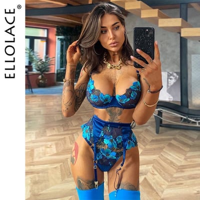 Ellolace Lenjerie florală Lenjerie de corp pentru damă Set sutien transparent fantezist cu jartiere Broderie Dantela sexy Erotic Intim