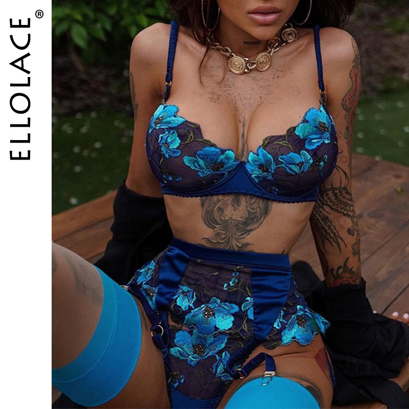 Ellolace Lenjerie florală Lenjerie de corp pentru damă Set sutien transparent fantezist cu jartiere Broderie Dantela sexy Erotic Intim
