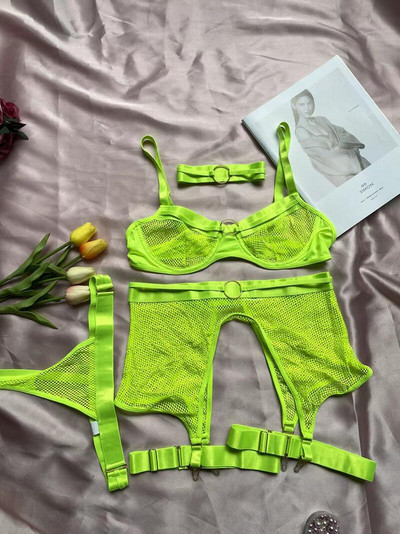 MIRABELLE Lenjerie portocalie neon Costume erotice din plasă sexy Set exotic de 4 piese Lenjerie intima Sutien și jartiere chiloți Lenjerie transparentă
