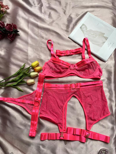 MIRABELLE Lenjerie portocalie neon Costume erotice din plasă sexy Set exotic de 4 piese Lenjerie intima Sutien și jartiere chiloți Lenjerie transparentă