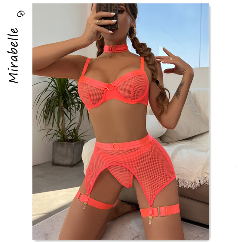 MIRABELLE Lenjerie portocalie neon Costume erotice din plasă sexy Set exotic de 4 piese Lenjerie intima Sutien și jartiere chiloți Lenjerie transparentă
