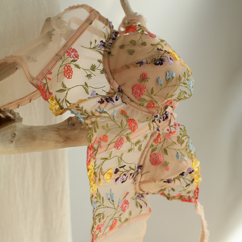 DM Seturi de lenjerie cu broderie franțuzească din dantelă, flori, lenjerie de corp, sexy, pentru modelarea corpului, sutien push-up, set de sutiene și chiloți romantici