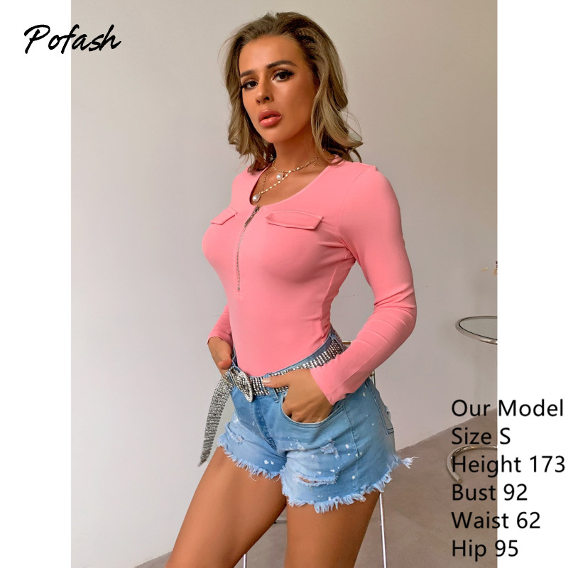 Pofash, roz solide, body pentru femei, sexy, cu decolteu în V, cu mâneci lungi, de toamnă, salopete, la modă pentru femei, cu fermoar, salopete 2020