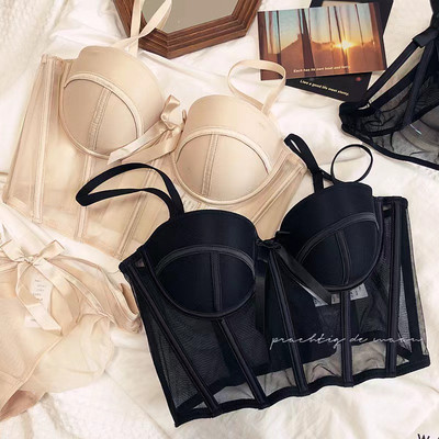Seksi mrežasti izdubljeni prsluk u obliku pola košarice Mekani čipkasti grudnjak Bralette Gaćice protiv opuštanja Push Up Mašna Debljanje Žensko donje rublje