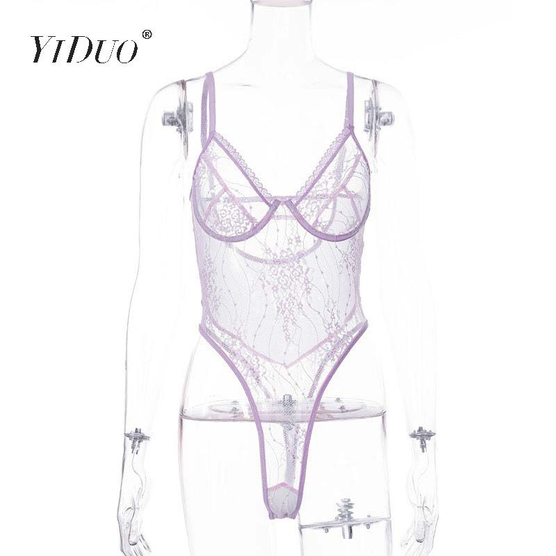 Body YiDuo Body Sexy din dantelă Salopete de damă Bodycon Salopetă de femeie Transparentă broderie florală Body violet pentru club de petrecere