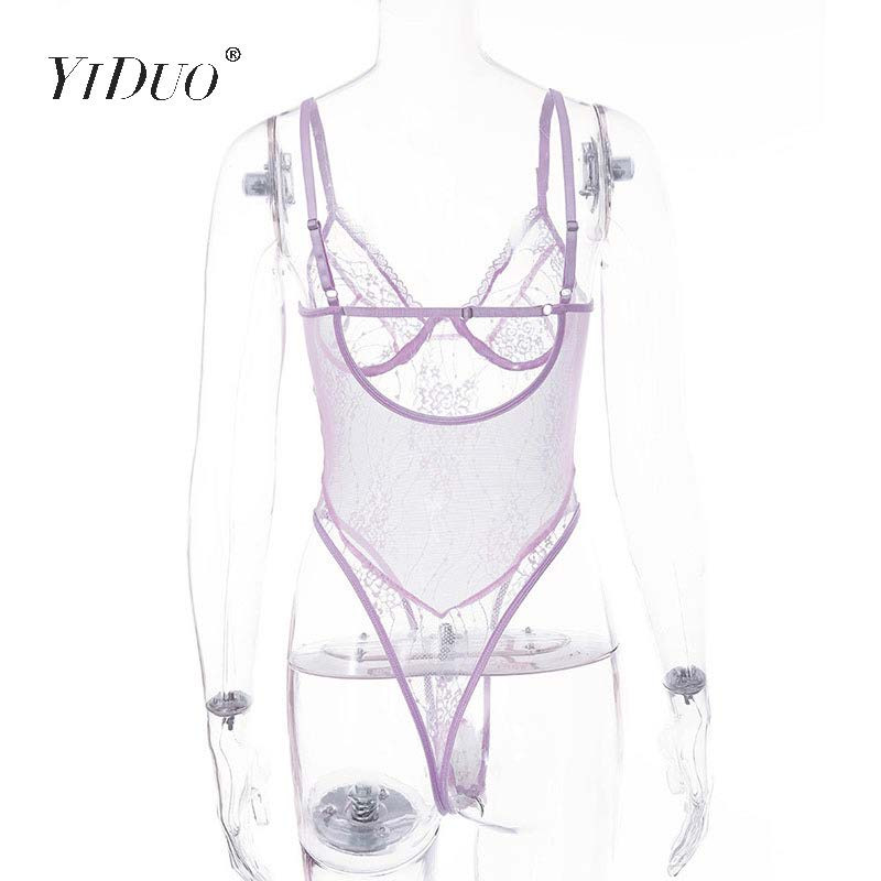 Body YiDuo Body Sexy din dantelă Salopete de damă Bodycon Salopetă de femeie Transparentă broderie florală Body violet pentru club de petrecere