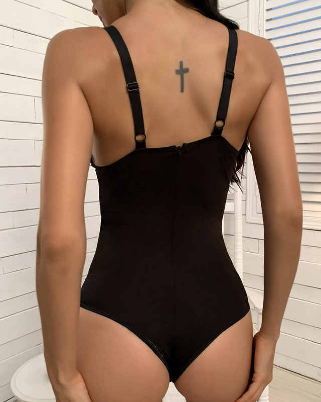 Nouă curea spaghete dantela croșetată scobită salopetă dintr-o bucată Body pentru femei Teddy Lenjerie de dormit pentru femeie sexy negru transparent body