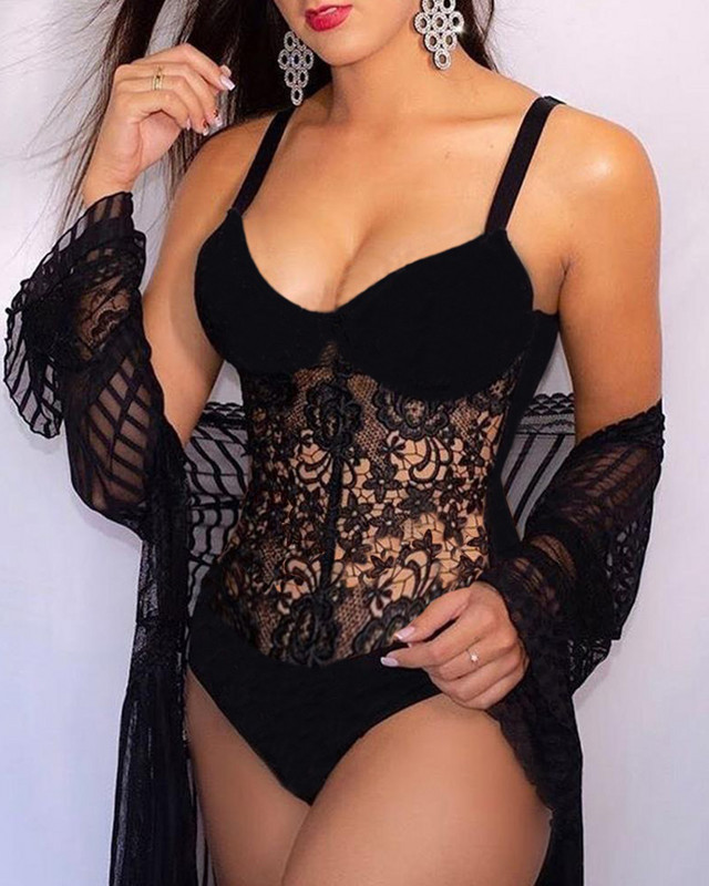Nouă curea spaghete dantela croșetată scobită salopetă dintr-o bucată Body pentru femei Teddy Lenjerie de dormit pentru femeie sexy negru transparent body