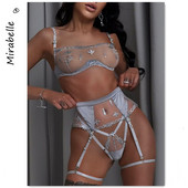 MIRABELLE Set de lenjerie transparentă femeie 3 piese truse scurte de îngrijire a pielii lenjerie senzuală din dantelă broderie sutien jartiere seturi erotice