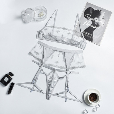 MIRABELLE Set de lenjerie transparentă femeie 3 piese truse scurte de îngrijire a pielii lenjerie senzuală din dantelă broderie sutien jartiere seturi erotice