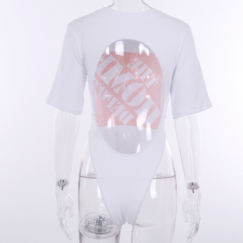 New Letter Print Scoop Hole Backless Backless Alb Bodycon Romper Sexy Women Backless Casual Bodysuits Streetwear Combi din bumbac