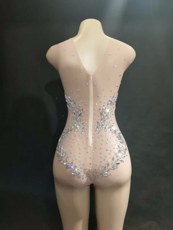 Дамски секси сценични стъклени кристали перспектива мрежесто боди с 3D печат Нощен клуб парти рожден ден празнуване на сценично облекло костюми