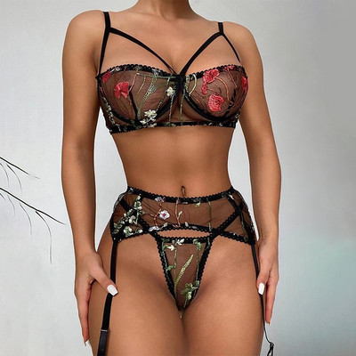 Dantela Choker Halter Transparent Set Sutien Femei Bretele Lenjerie intima Sutien Jartieră Tanga Set Hot Erotic Costum Set Lenjerie Sexy