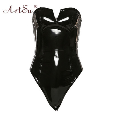 ArtSu Στράπλες PU Δερμάτινο Γυναικείο κορμάκι Sexy Skinny Party Club Body Mujer Γυναικεία κορμάκια χωρίς πλάτη μαύρο με V λαιμόκοψη 2019 Χειμώνας