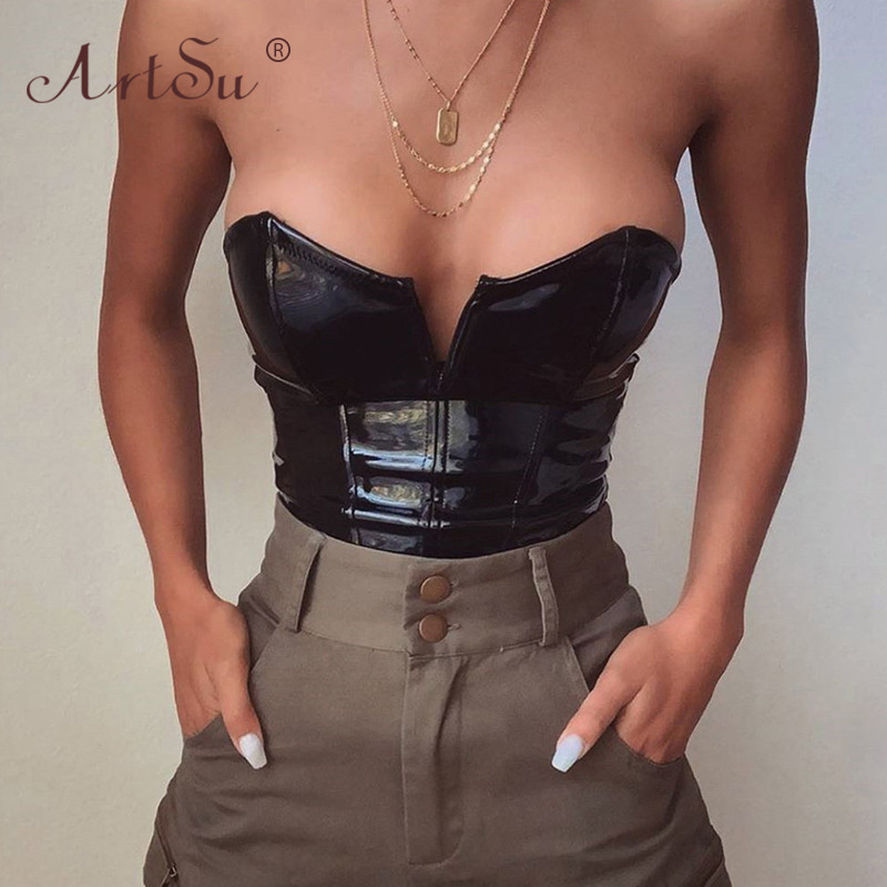 ArtSu Στράπλες PU Δερμάτινο Γυναικείο κορμάκι Sexy Skinny Party Club Body Mujer Γυναικεία κορμάκια χωρίς πλάτη μαύρο με V λαιμόκοψη 2019 Χειμώνας