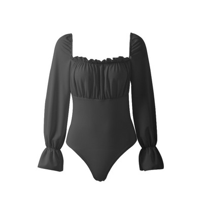 Body tricotat cu decolteu în U, negru, negru, cu mânecă lungă, cu dantelă, salopete pentru femei, 2020, ocazional, dintr-o singură piesă