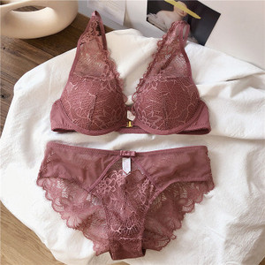 Set sutien și chiloți sexy fără spate Închidere în față cu dantelă Lenjerie de corp Push Up fără sudură Sutien cu gât adânc în V Slipuri Seturi de lenjerie pentru femei