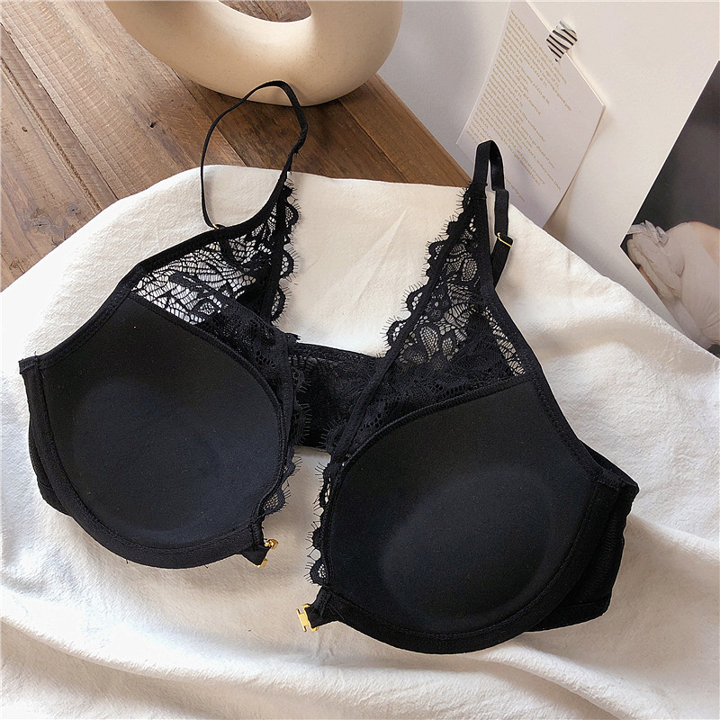 Set sutien și chiloți sexy fără spate Închidere în față cu dantelă Lenjerie de corp Push Up fără sudură Sutien cu gât adânc în V Slipuri Seturi de lenjerie pentru femei