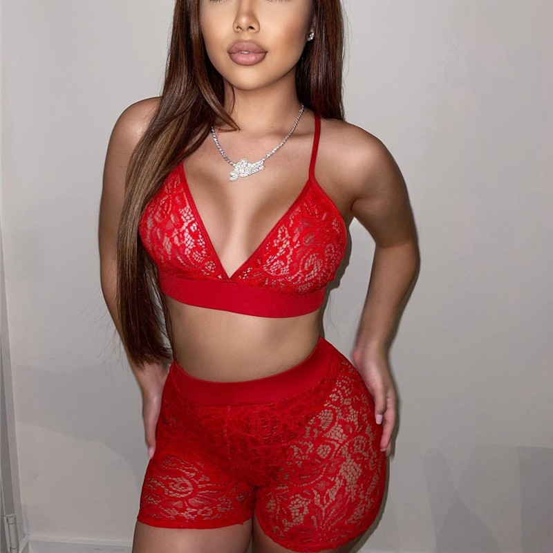 CHRONSTYLE Σέξι Εσώρουχα 2 τεμαχίων Γυναικεία Δαντελένια Διαφανή Σουτιέν Σορτ Μπλούζες Σορτς Νυχτερινά Sleepwear Σετ Clubwear Party Καλοκαίρι 2021